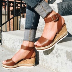 Brown Faux Leather & Cork Strappy Wedges